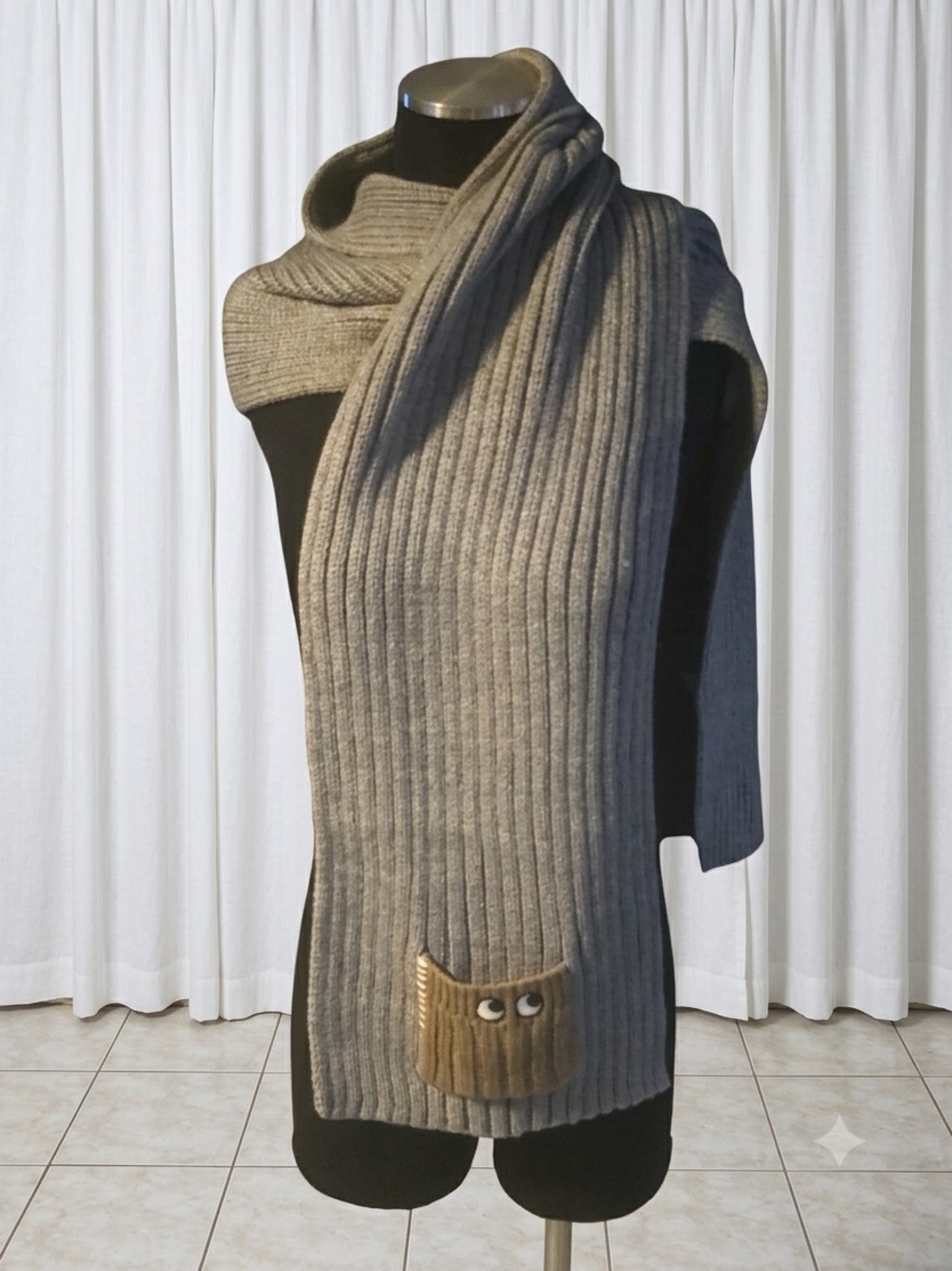 Anya Hindmarch Gray Ribbed Scarf with Brown Pocket Eye Detail